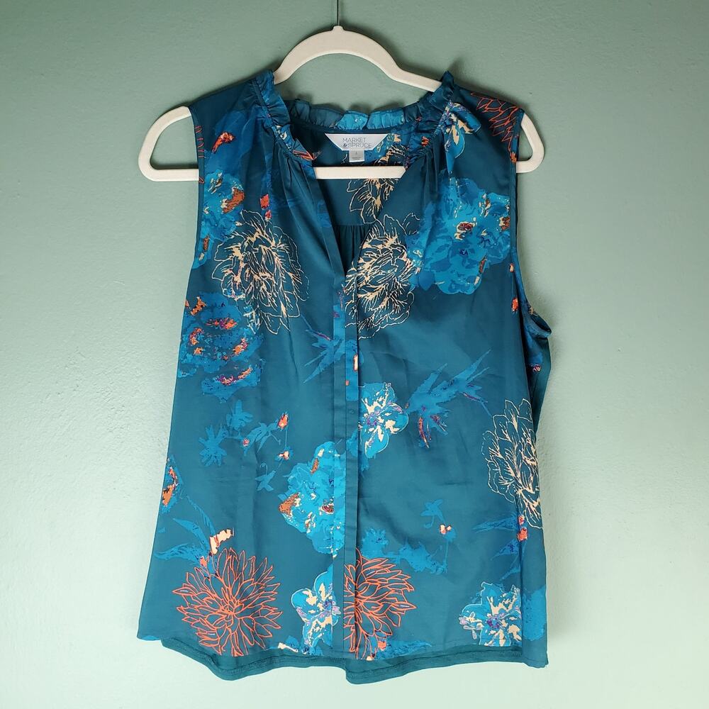 Market & Spruce Womens Teal Green Orlee Mixed Material Split Neck Top Size Large